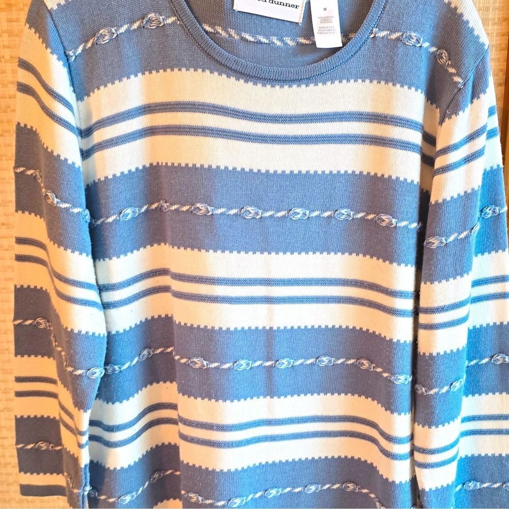 Alfred Dunner Women M Blue White Striped Acrylic Knit Crew Neck Pullover Sweater